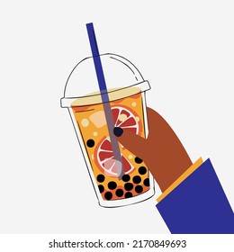 Takeaway pink bubble tea with oranges. Vector