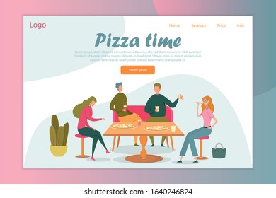 Takeaway Pizza Eating Flat Vector Illustration. Cartoon Characters Dining Together. Takeout Food. Friends Eating Pizzeria Order at Home. Male and Female Friends with Fastfood Snack