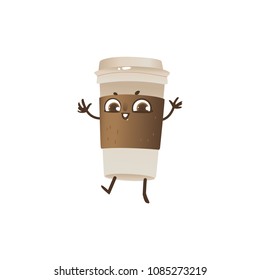 Takeaway plastic cup of coffee cartoon character dancing and smiling isolated on white background. Joyful paper mug with hot invigorating drink - cute smiley of beverage in vector illustration.