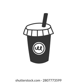 Takeaway Plastic Cup with Lid and Straw Doodle Icon. Hand drawn Playful vector illustration of a disposable Coffee Mug. For fast food branding, drink delivery promo, and onthego beverage designs.
