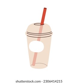 Takeaway plastic cup with straw in dome-shaped lid, cap. Empty take-away glass, transparent mug for cold drinks. Takeout beverage container. Flat vector illustration isolated on white background