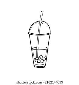 Takeaway plastic glass with iced coffee, tea or juice, ice cubes and straw. Doodle engraved sketch style hand drawn vector illustration. For menu, bar, coffee shop, cafe, restaurant, banner.