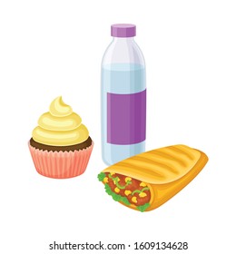 Takeaway Products for Snack Break with Sandwich Wrapped in Crumpet and Sweet Cupcake Vector Illustration