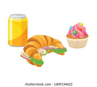 Takeaway Products for Snack Break with Stuffed Croissant and Cupcake Vector Illustration
