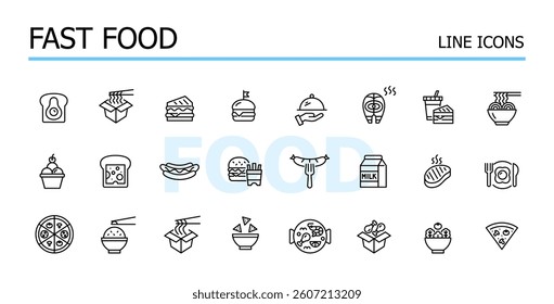 Takeaway and restaurant menu food. Mexican nachos, pizza, rice and Asian cuisine. Ramen, noodle soup. Chicken drumsticks, avocado toast, sandwiches and burgers with pizza. Vector icons set
