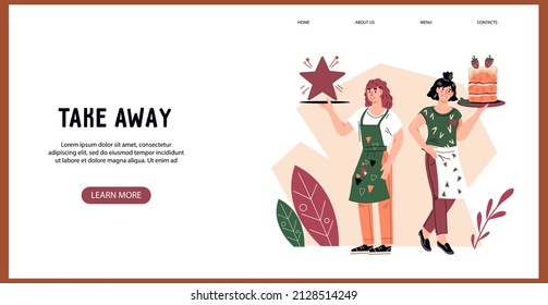 Takeaway or restaurant website banner template. Best service and online food ordering concept with friendly waitresses, flat vector illustration.