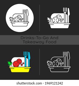 Takeaway salads dark theme icon. Healthy food delivery. Green, seafood, meat salad. Raw greens, veggies mixture. Linear white, simple glyph and RGB color styles. Isolated vector illustrations