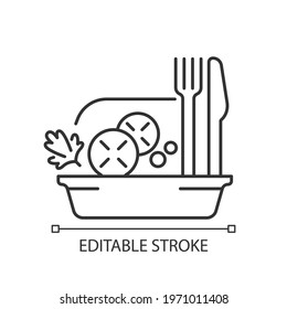 Takeaway salads linear icon. Healthy food delivery. Green, meat salad. Low in calories meal. Thin line customizable illustration. Contour symbol. Vector isolated outline drawing. Editable stroke