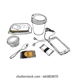 takeaway. set. Vector hand-drawn sketch.