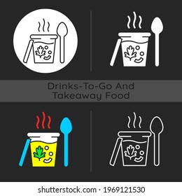 Takeaway soups dark theme icon. Liquid food with meat and vegetables. Broth, cream, chowder. Nutritious dinner delivery. Linear white, simple glyph and RGB color styles. Isolated vector illustrations