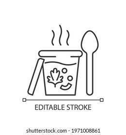 Takeaway soups linear icon. Liquid food with meat and vegetables. Broth, cream, chowder. Thin line customizable illustration. Contour symbol. Vector isolated outline drawing. Editable stroke