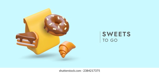 Takeaway sweets. Dessert to go. Realistic donut with chocolate glaze, piece of cake, croissant, yellow paper bag. Horizontal concept on blue background, place for advertising text