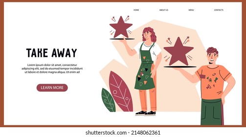 Takeaway Or Takeout Food Restaurant Website Template. Best Service And Online Food Online Ordering Concept With Friendly Smiling Waiters, Flat Vector Illustration.