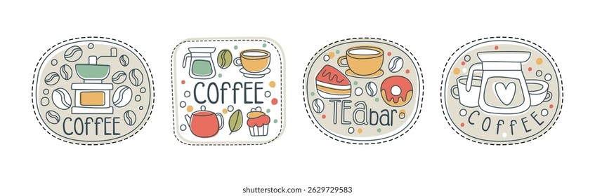 Takeaway Tea and Coffee Hand Drawn Label Vector Set