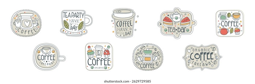 Takeaway Tea and Coffee Hand Drawn Label Vector Set