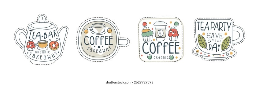 Takeaway Tea and Coffee Hand Drawn Label Vector Set