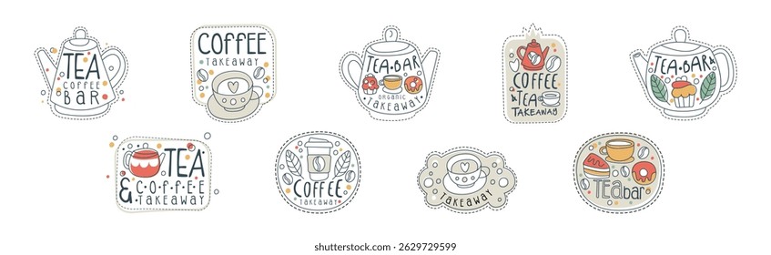 Takeaway Tea and Coffee Hand Drawn Label Vector Set