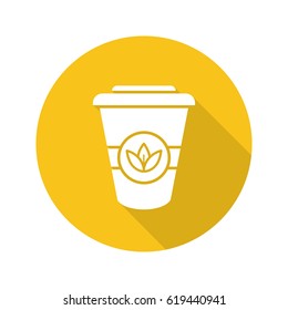 Takeaway tea cup flat design long shadow icon. Tea to go. Vector silhouette symbol