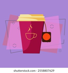 Takeaway tea. Red paper disposable cup with plastic lid and tag of tea bag. Takeaway cups concept. Vector illustration can be used for topics like beverage, hot drink, break