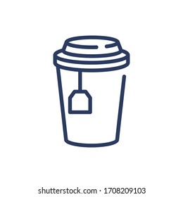Takeaway tea thin line icon. Teabag, paper cup, mug isolated outline sign. Breakfast drink or cafe concept. Vector illustration symbol element for web design and apps