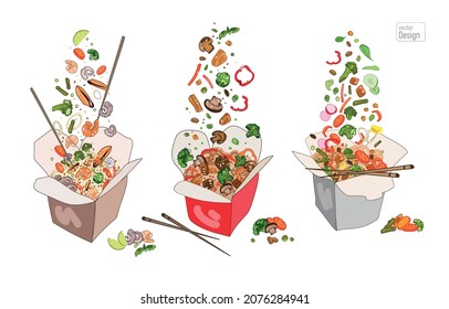 Set de caja de trabajo para llevar, fideos chinos y arroz con carne, mariscos, verduras y champiñones y vegetariano en cajas de papel.Dibujo estilo dibujo sobre una caja de fondo blanco de fideos.Ilustración vectorial