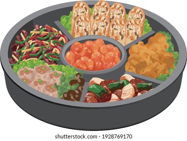 Takeaway,Chinese hors d'oeuvres.Isometric colorful illustration.