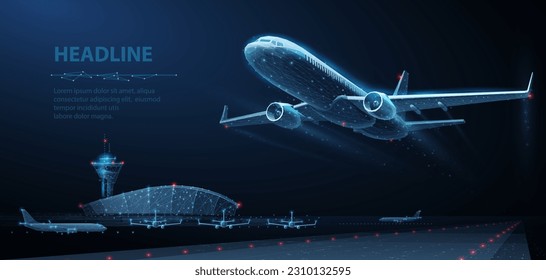 Takeoff of an airplane and an airport in background. Air transport navigation, aircraft innovation, travel concept, futuristic tech, aviation technology, AI in aviation, night flight, cargo journey