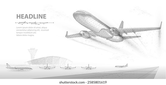 Takeoff of an airplane and an airport in background. Air transport navigation, aircraft innovation, travel concept, futuristic tech, aviation technology, AI in aviation and cargo journey cocept