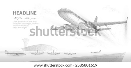 Takeoff of an airplane and an airport in background. Air transport navigation, aircraft innovation, travel concept, futuristic tech, aviation technology, AI in aviation and cargo journey cocept