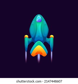 Takeoff of cartoon starship isolated futuristic kids toy, galaxy space starship, game asset. Vector cosmic shuttle, galaxy explorer craft, launch of ute booster fantasy vehicle, starship spacecraft