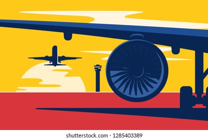 Takeoff. Flat style vector illustration of the airliners at sunset at the airport.