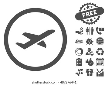 Takeoff icon with free bonus symbols. Vector illustration style is flat iconic symbols, gray color, white background.