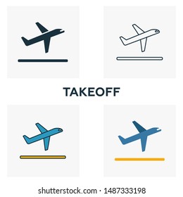 Takeoff icon set. Four elements in diferent styles from airport icons collection. Creative takeoff icons filled, outline, colored and flat symbols.