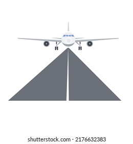 Takeoff and landing of the aircraft. Airplane flight over the runway, vector illustration