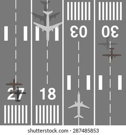 Takeoff and landing airplanes set. Runway with jet aircraft top view. Airport elements top view. Instrument landing system scheme. Vector airport symbol and background. Jet turbine and prop engine.