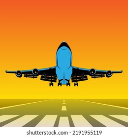 Takeoff of a passenger plane. Vector illustration of an airfield runway with an airplane taking off. Sketch for creativity.