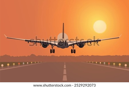 Takeoff of a passenger plane. Vector illustration of an airfield runway with an airplane taking off. Sketch for creativity.