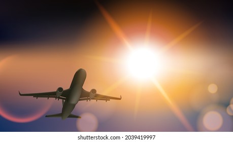 Takeoff Plane In Cloudy Sky On The Sunset. EPS10 Vector