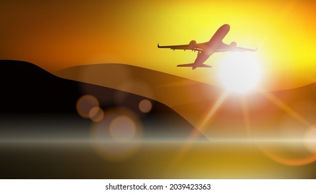 Takeoff Plane In Cloudy Sky On The Sunset. EPS10 Vector
