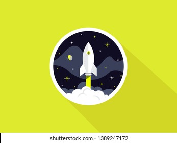 Takeoff rocket. Rocket in the clouds with stars in the background. Startup. Rocket launch, takeoff phase of the flight icon, new venture, start up, innovative plan. Vector flat illustration