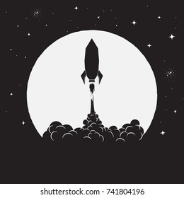 takeoff of rocket on Moon background to space.Vector illustration