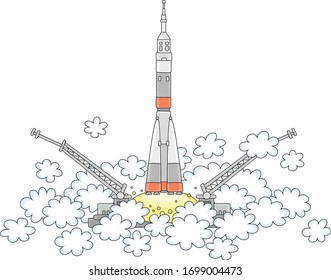 Takeoff, a space rocket on a launch pad of a spaceport, starting into space with a science research expedition on board, vector cartoon illustration on a white background