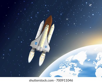 Take-off space shuttle. A spaceship flying near the earth's orbit. Vector illustration.