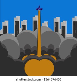 Takeoff of the spacecraft on the background of skyscrapers