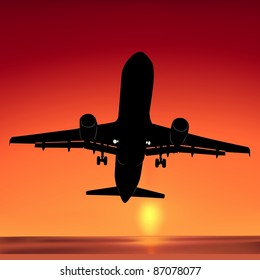 Takeoff at Sunset - colored illustration, vector