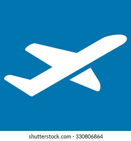Takeoff vector icon. Style is flat white symbol, rounded angles, blue background.