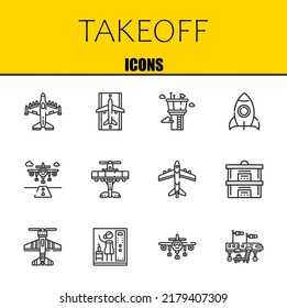 conjunto de iconos de línea vectorial de despegue. Iconos de avión, pista de aterrizaje y torre de control. Diseño delgado de línea. Elementos gráficos de contorno modernos, símbolos de trazo simple ilustración de fondo