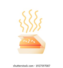 Icono de color plano del vector de la hamburguesa. Hamburguesa de queso caliente en paquete. Hamburguesa al vapor en caja de cartón. Entrega rápida de comida. Quítate. Dibujo de dibujos animados para aplicaciones móviles. Ilustración RGB aislada