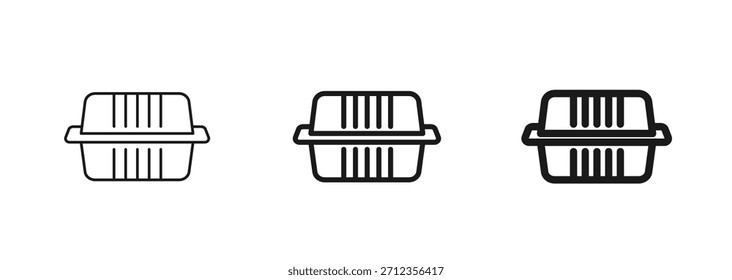 Icono de contenedor de alimentos de almeja para llevar en estilos delgados, regulares y audaces. Caja de plástico, espuma para llevar. Web y pictograma móvil. Perfecto para su uso en menús, empaques o interfaces de App de entrega. Vector