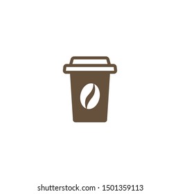 take-out coffee with coffee bean sign. disposable cardboard cup of coffee. Paper container icon. Isolated on white background. Vector  Illustration. Fast food business lunch picrogram.